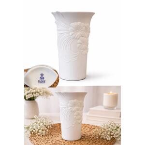Kaiser Porcelain Vase West Germany white bisque floral relief mid century modern